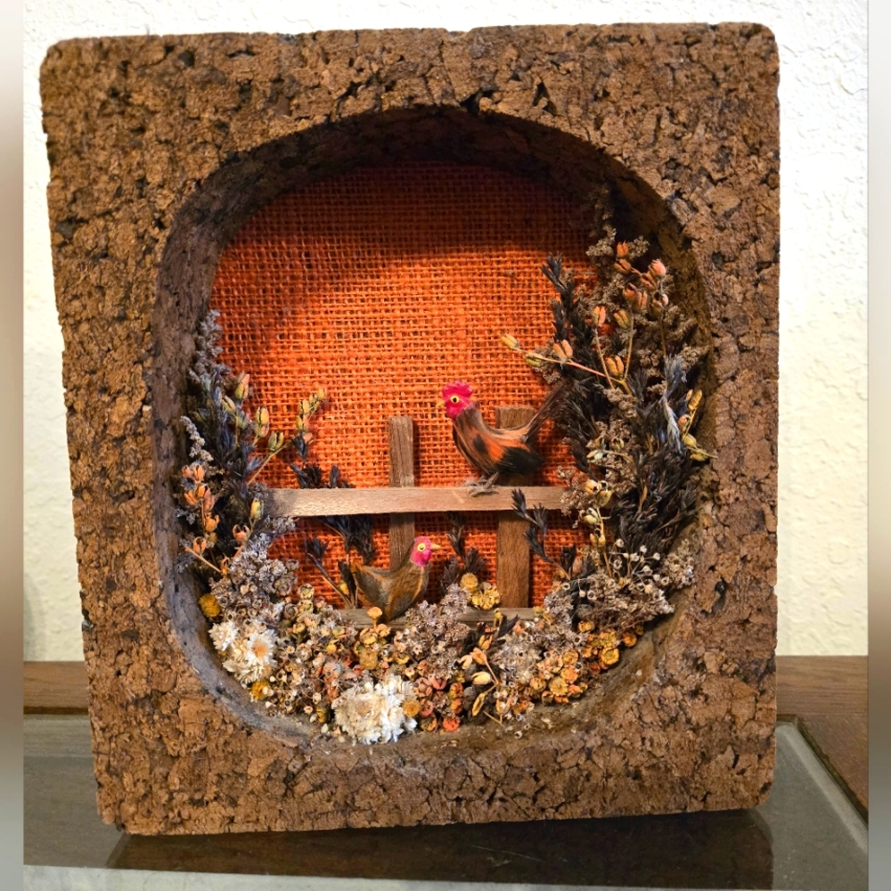 Vintage 1970's Cork Framed Miniature Pheasant Farm Scene Diorama